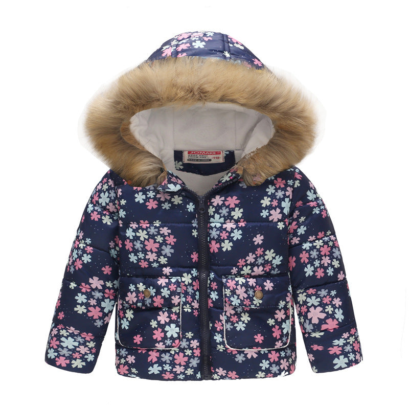 Printed winter coat with faux fur hood – Child