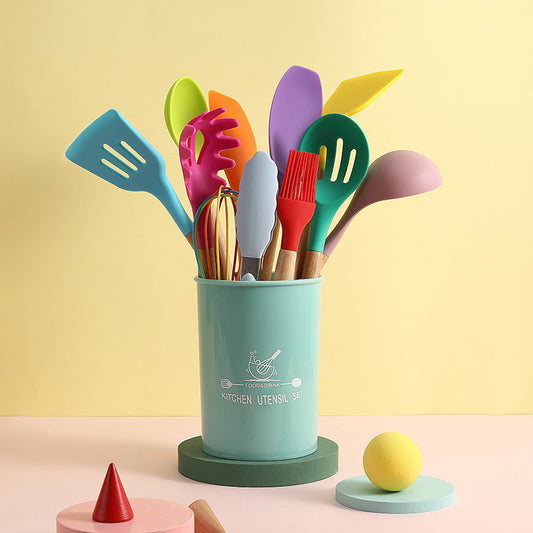 Ensemble coloré de 12 ustensiles de cuisine en silicone — avec manches en bois + pot de rangement