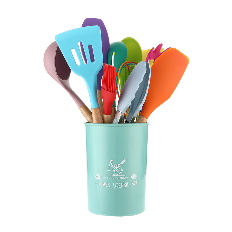Ensemble coloré de 12 ustensiles de cuisine en silicone — avec manches en bois + pot de rangement